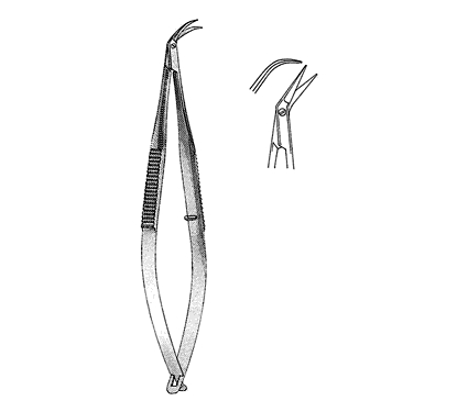 Katzin Corneal Transplant Scissors 10.8 cm, Miniature 8 mm Blades, Curved, Blunt Tips, Left