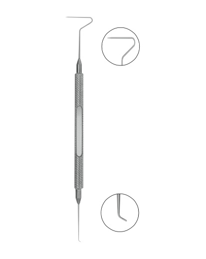 LASIK Flap Lifter Combines a 45 degree angled Sinskey Hook and a thin hook with a conical tip