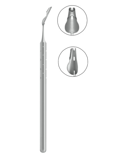 Endothelial Glide funnel-shaped spatula, cut-out notch at tip